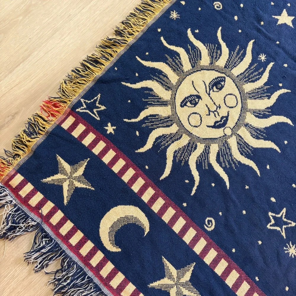 Vintage Celestial Sun Moon Stars Woven Tapestry Throw Blanket Navy Gold 48x60